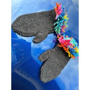 Hand Knit Wool Mittens Charcoal Grey with Rainbow Loop Fringe Trim Boho Winter